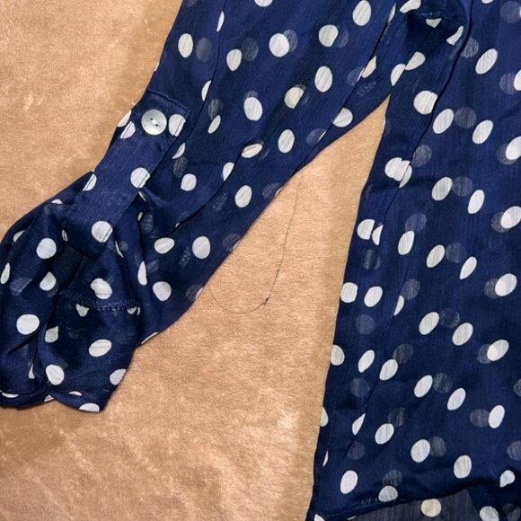 Living Doll Women Small Blue White Dot Sheer Button Down Long Sleeve Blouse (U) - Picture 5 of 7